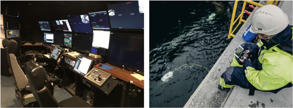 The control room for a large science ROV, the Ventana (left), and the mobile control system for a small, portable ROV, the Blueye Pioneer (Credit: Blueye Robotics).