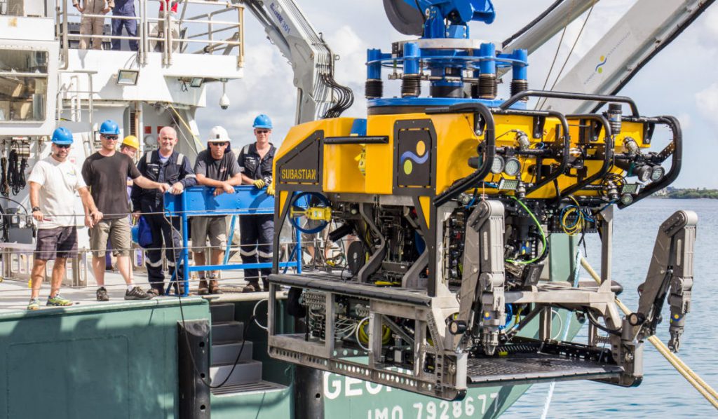 An ROV (Subastian) aboard a research vessel used to explore and film the ocean depths.