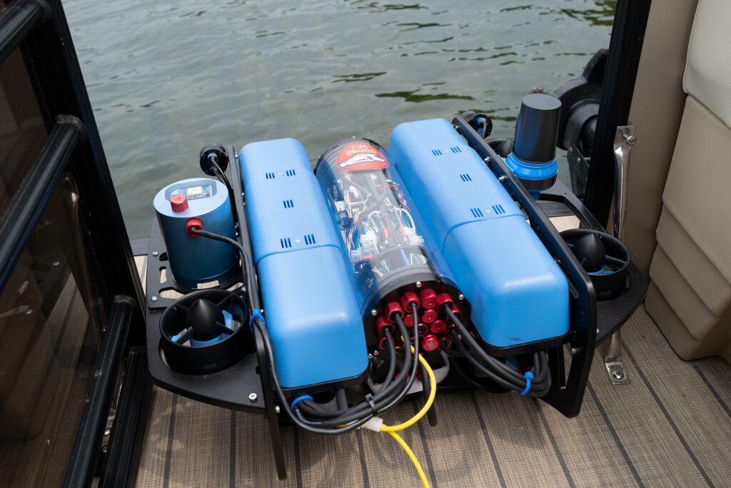 A BlueROV2 equipped with a Cerulean DVL-75 and a Cerulean ROV Locator Mk II.
