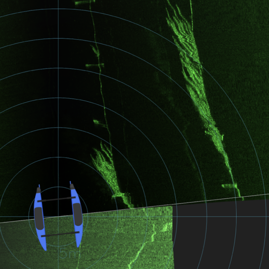 blueboat-kelp-grow-line SonarView software shows a BlueBoat with the Cerulean Omniscan 450 SS inspecting a kelp farm.Those patches of green to the right are kelp! Photo Credit: Nick Nidzieko